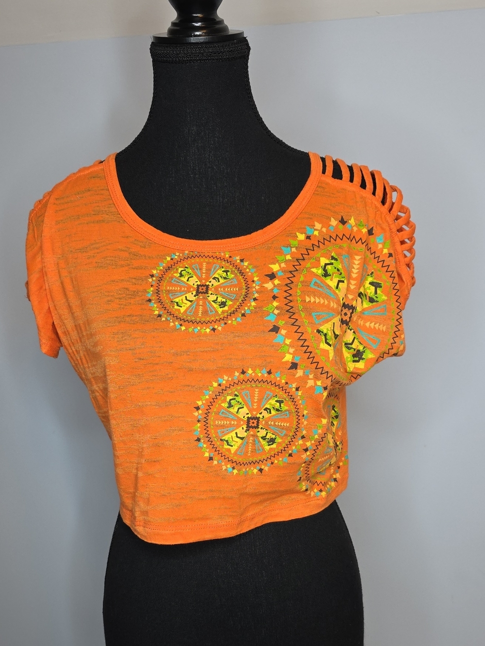 Belle Du Jour Orange Cutout-Shoulder Cropped Top with Medallion Motif